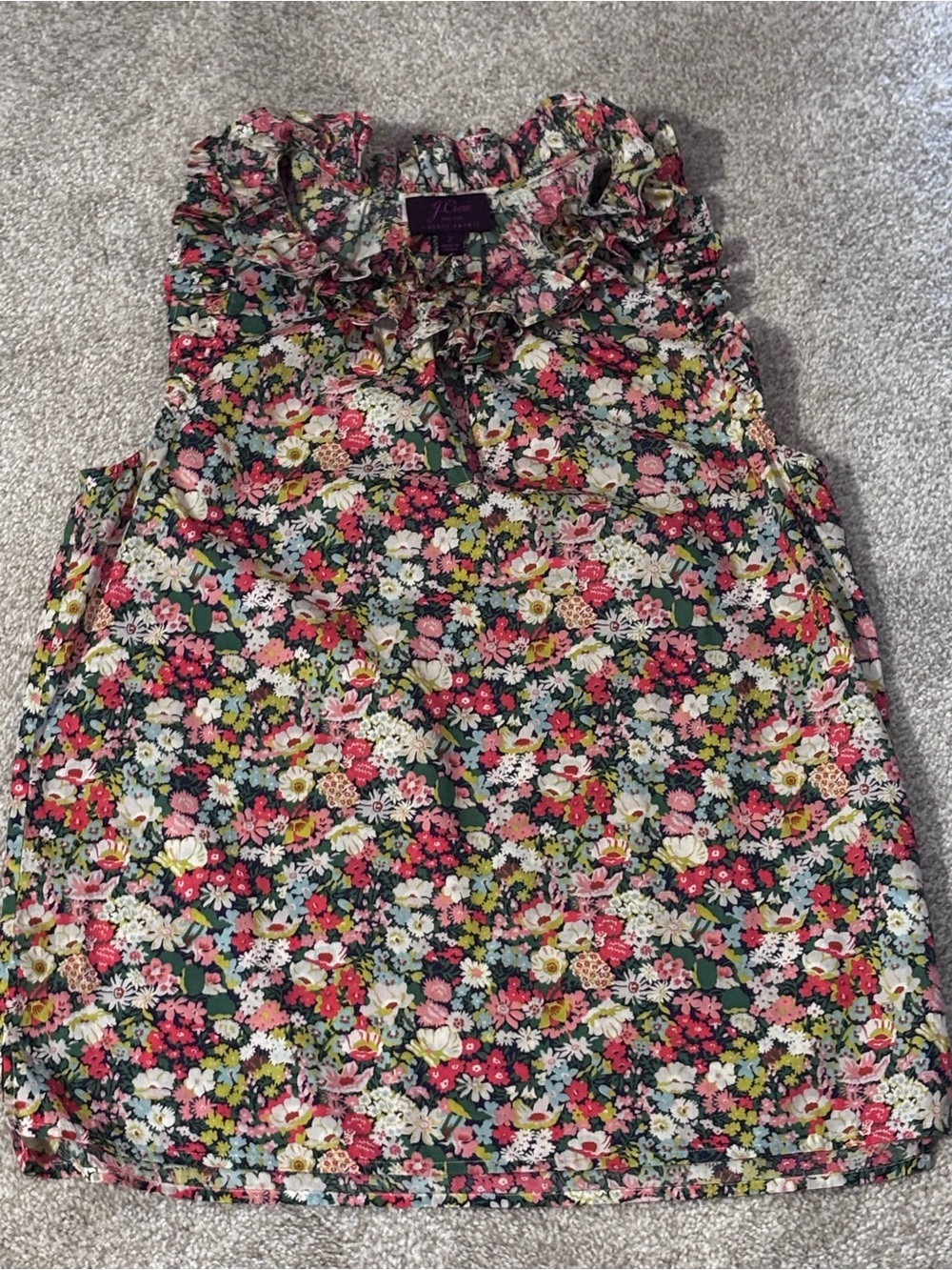 J Crew Liberty Thorpe Floral Ruffle Tank Top Cotton V Keyhole Cottage Sz 2 - Picture 9 of 9